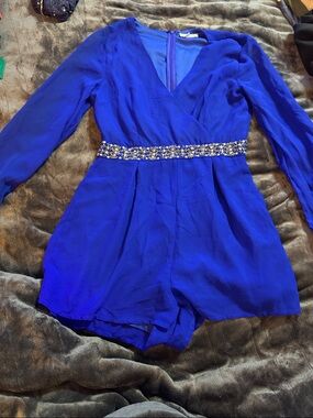 Blue Beaded Waist One-Piece Romper